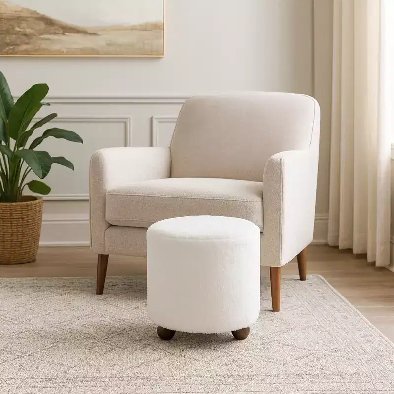 Decorative Faux Fur Upholstered Ottoman with Ball Feet - Contemporary Home Decor Accent for Vanity, Bedroom, and Foot Rest Ottoman - 15, Ivory