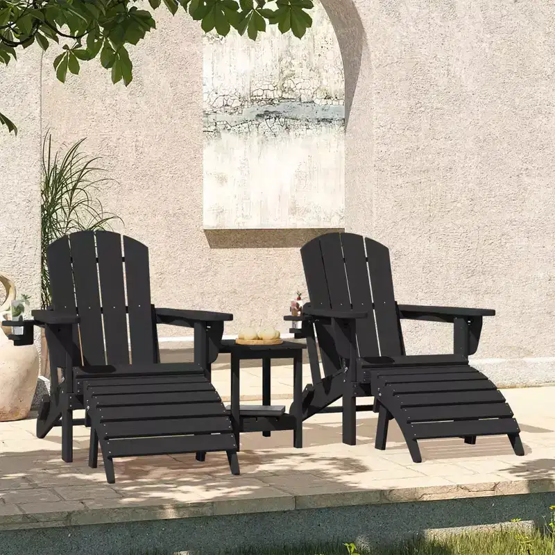 Outdoor 5-Piece Patio Conversation Set with 2 Folding Ottomans,Double-Tier End Side Table and 2 Adjustable Plastic Patio Adirondack Chairs