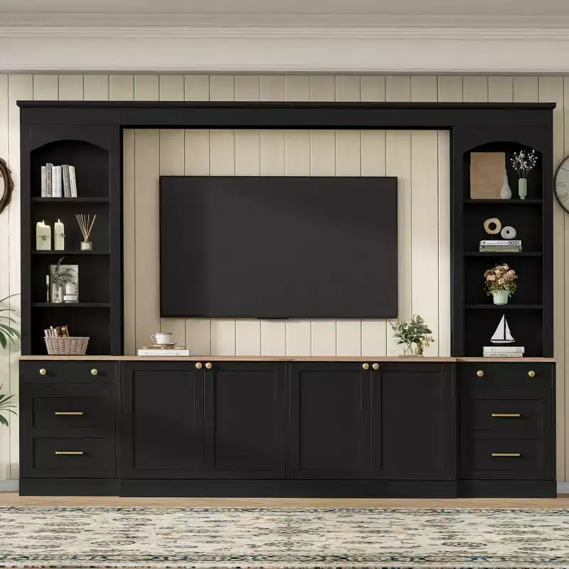 ModernLuxe Farmhouse Arched Entertainment Center Wall Unit, Fits TVs Up to 70, Large TV Stand Media Console with Drawers & Bookshelves