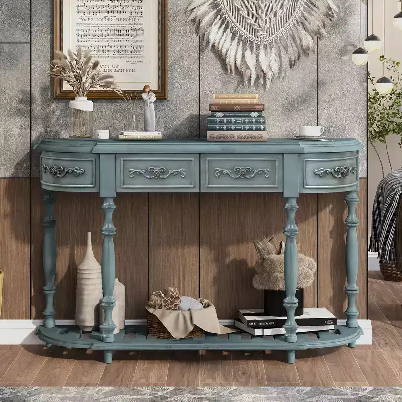 52IN Vintage Curved Console Table with Exquisite Carvings, Entryway Table with 4 Drawers and 1 Shelf, Accent Table for Living Room, Blue