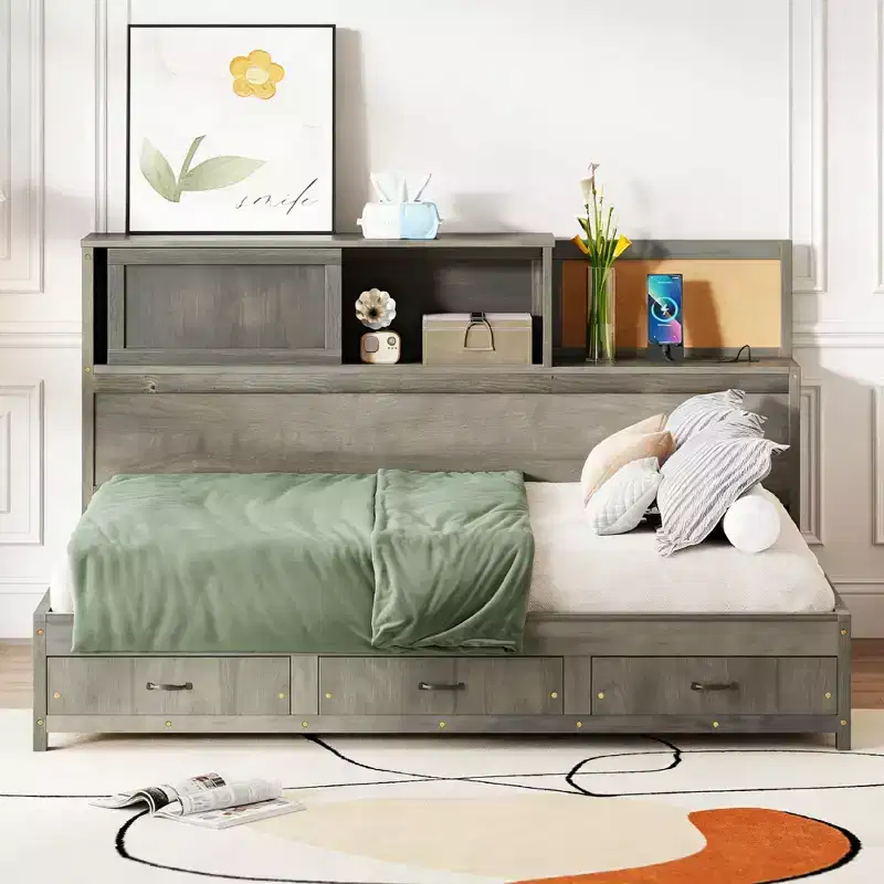 Luxystar Full Size Wood Daybed with 3 Drawers, Shelf and Outlets