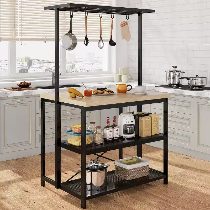 42 Kitchen Island - Microwave Stand & Baker's Rack with 3-Tier Storage Shelves, 5 Hooks & Removable Top (Natural)