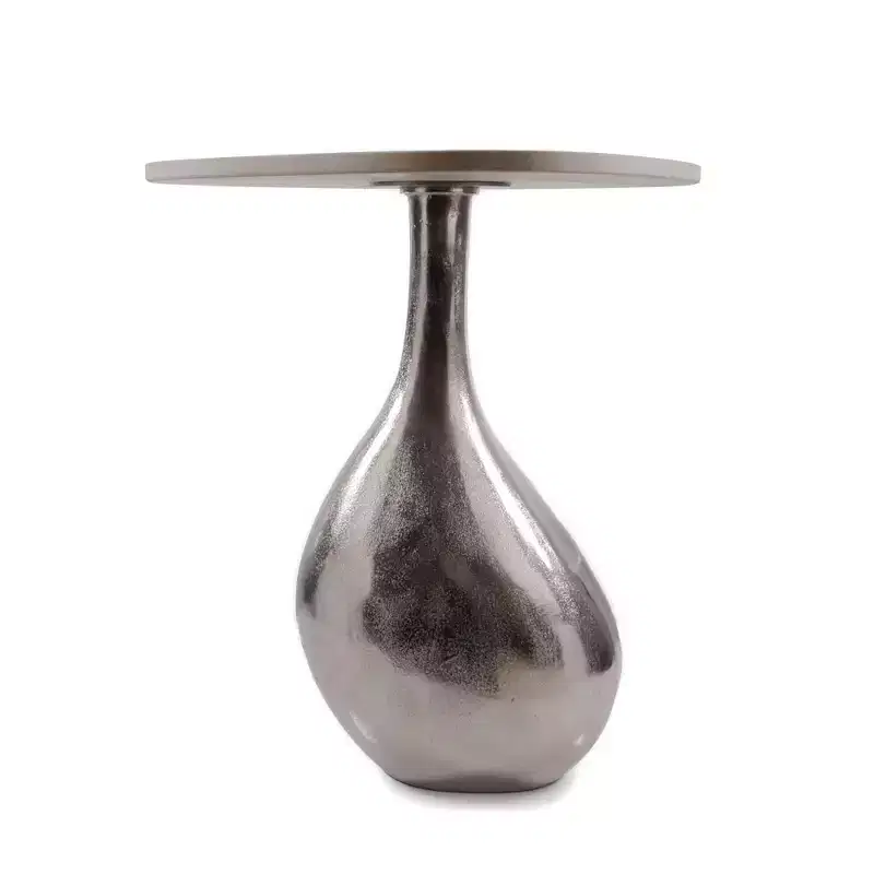 22 Silver And Beige Cast Aluminum And Marble Pedestal End Table