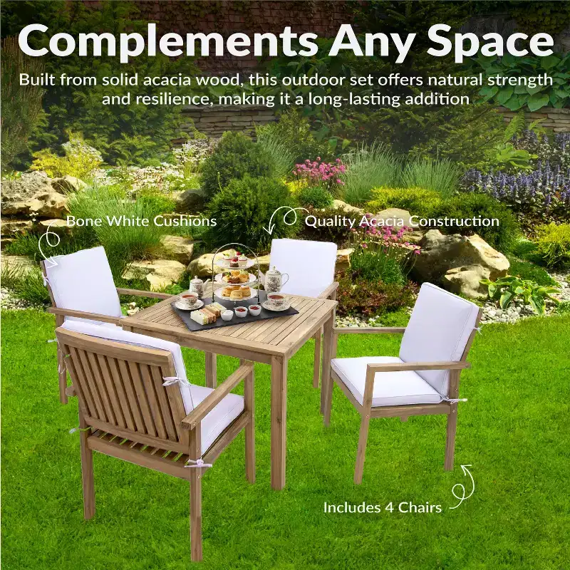 Sunnydaze Rodanthe Acacia Wood Outdoor Dining Set with Table and Armchairs - 5pc - Natural/Bone White
