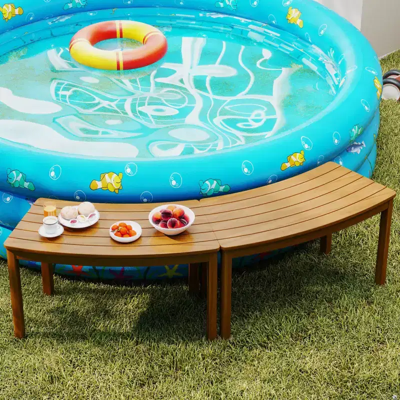 Costway Outdoor Curved Acacia Wood Bench Set of 2 Patio Garden Backless Fire Pit Bench