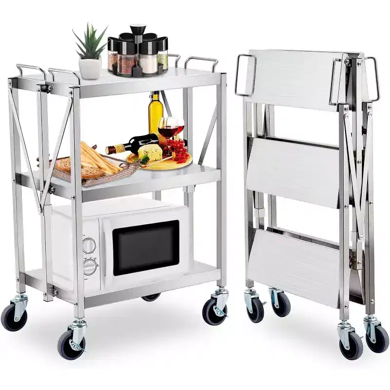 3 Tier Stainless Steel Utility Cart,Foldable Utility Service Cart with Wheels,Heavy Duty 300LBS Capacity Portable Rolling Carts for Kitchen Workshop