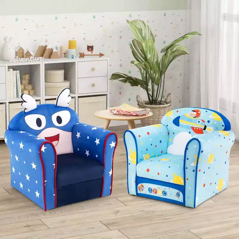 Kids' Sofa Chair – Toddler Upholstered Armchair, Wooden Frame, Blue