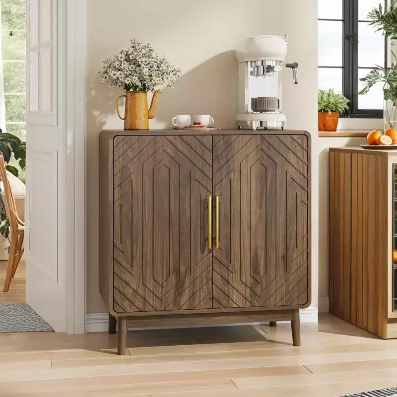 Sideboard Buffet Cabinet with Carved 2 Door Adjustable Layer Board for Living Room Kitchen Dining Room Walnut