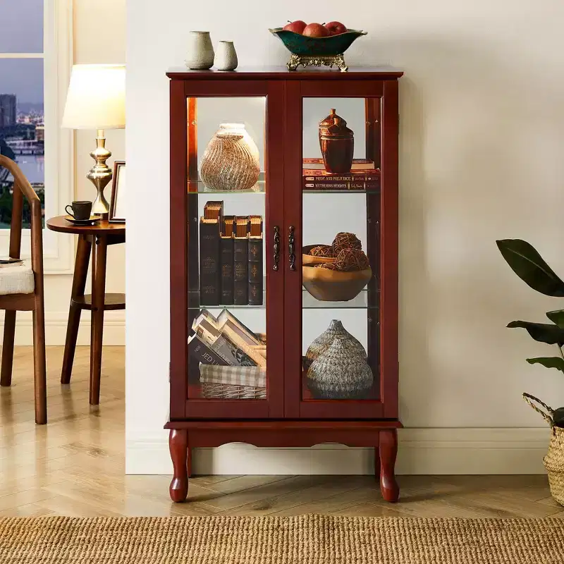 Curio Cabinet with 2 Tempered Glass Doors, Diapaly Cabinet with 3 Adjustable Shelves and Mirrored Back Panel, Cabinet for Living Room