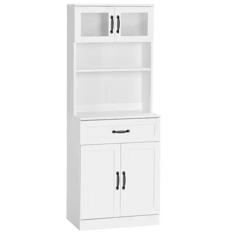 HOMCOM 63.5 Inches Freestanding Kitchen Pantry, 4-Door Buffet Cabinet with Hutch, Coffee Bar Storage Cabinet with Adjustable Shelves, White