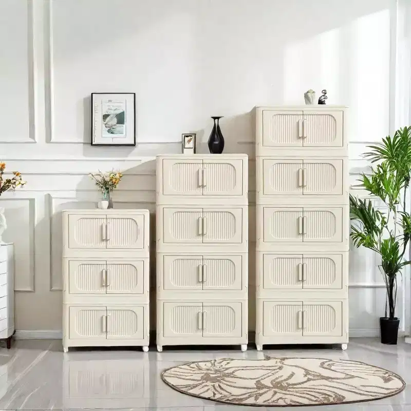 MAYEERTY 19.69 Side 5 Tiers Plastic Folding Stoarge Cabinet with Magnetic Door Wheels Cream White for Living Room