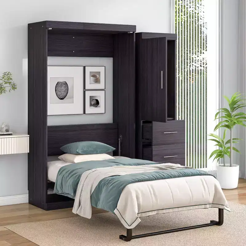 Murphy Bed with Wardrobe and Drawers, Cabinet Beds Foldable Wall Bed Frame for Guest Room Home Office, Gray