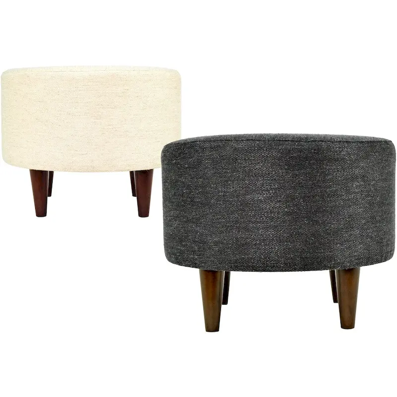 Ivory / Charcoal Patterned Fabric Round Ottoman with Espresso Wood Legs for 1 Person