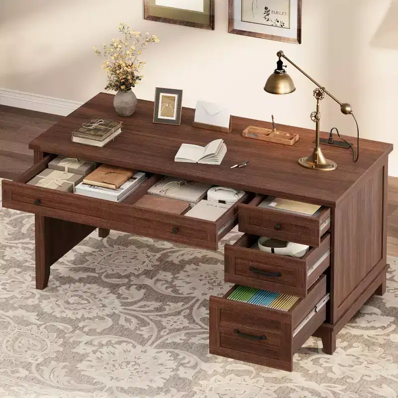 Farmhouse Home Office Desk with Charging Station and File Cabinet, 53.5 in