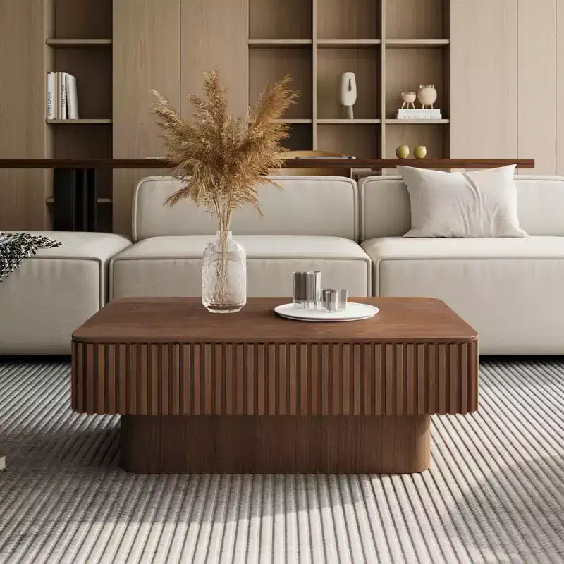 JVNOXK 38.6'' Fluted Lift-Top Coffee Table with Storage, Solid Wood Veneer Adjustable Height Modern Accent Table for Living Room, Bedroom, Walnut