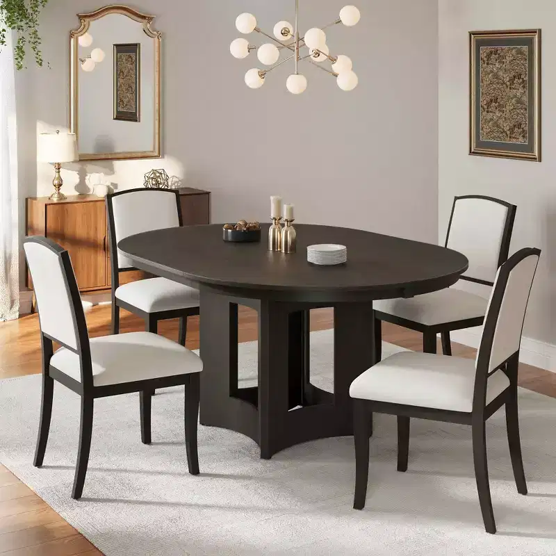 MAYEERTY 5-Piece Farmhouse Extendable Round Dining Table Set, 16 Removable Leaf, 4 Upholstered Chairs for 4 Person, Espresso + Beige