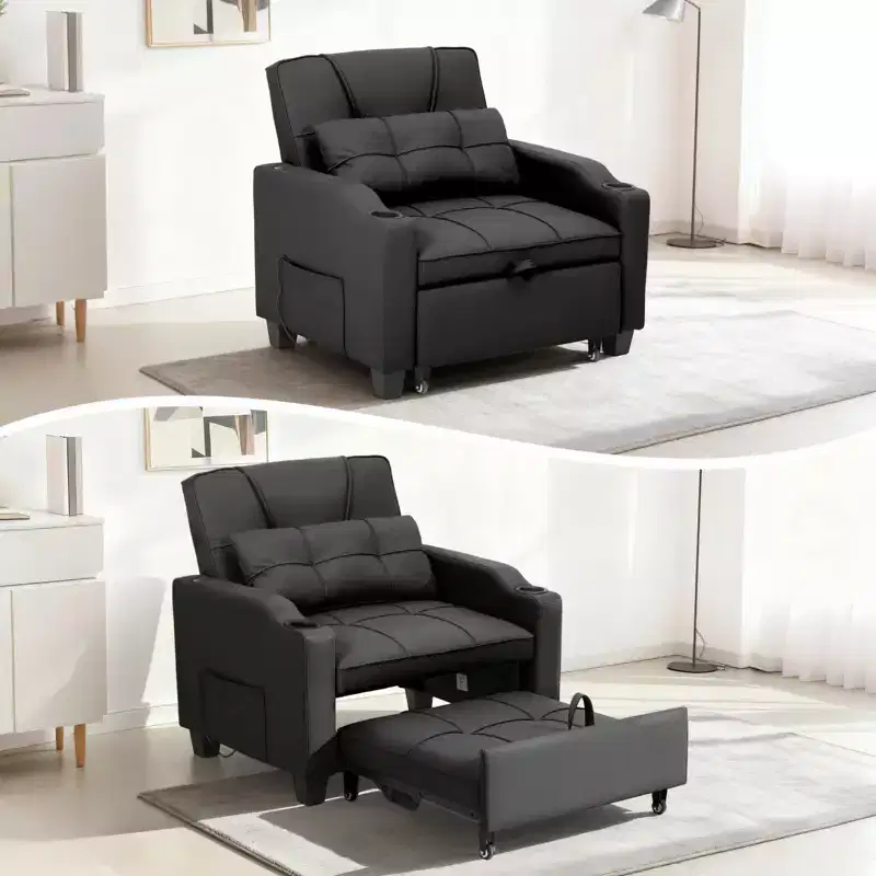 Modern 3-in-1 Convertible Sleeper Chair Bed Pull-Out Sofa with Adjustable Backrest USB Charging Cup Holders Side Pockets for Bedroom Living Room