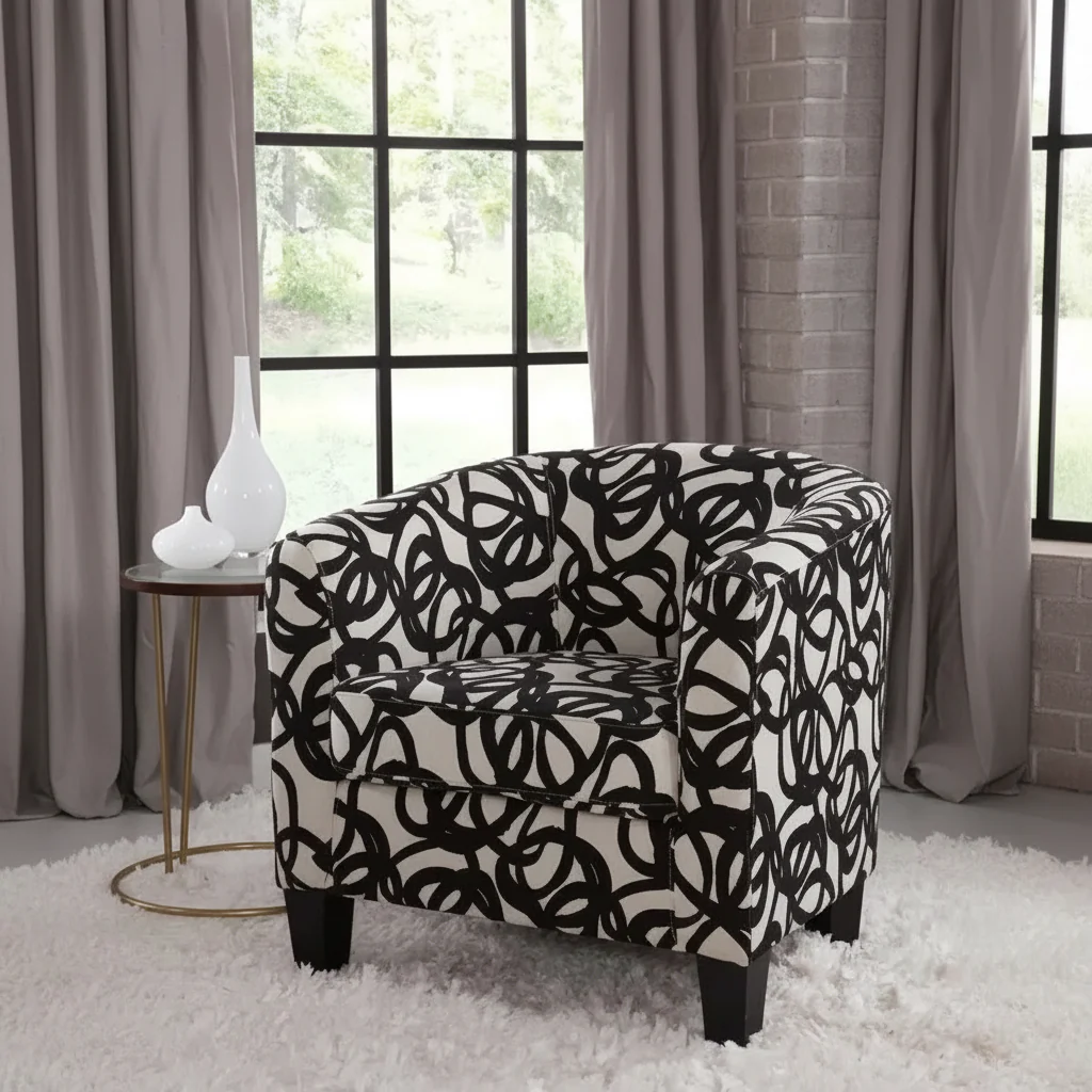 Upholstered Accent Barrel Chair with Black Woodgrain Legs – 300 lbs
