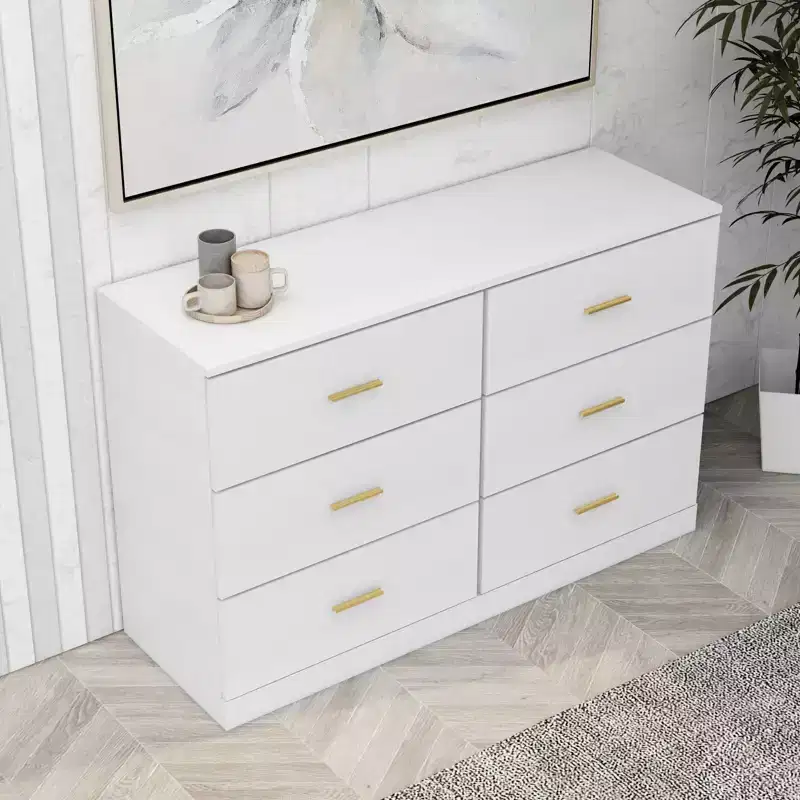 Okak Minimalism Bedroom Dresser Nightstand with 6 Drawers Glod Handles Ample Storage Chest Cabinet for Living Room Hallway Kids Room