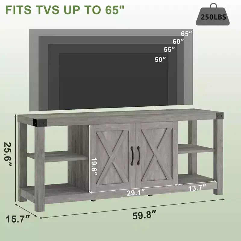 60 Farmhouse TV Stand for TVs up to 65, Gray Wood Entertainment Center with Adjustable Shelves, 2 Doors and Open Storage