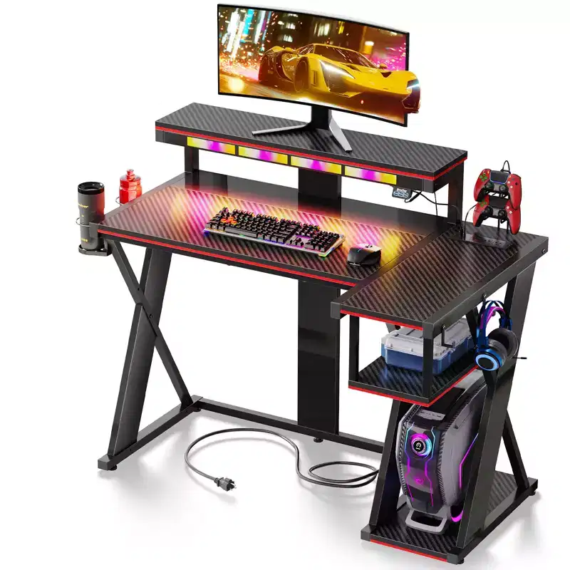 Bestier 41.6''/57'' L Shaped Gaming Desk with Monitor Stand & Power Outlet, LED Corner Computer Desk with Cup Holder & Controller Stand