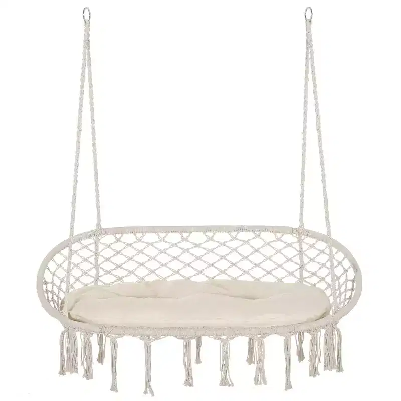 2-Person Hammock Chair Macrame Swing with Soft Cushion, Hanging Cotton Rope Chair for Indoor Outdoor Home Patio Backyard, White