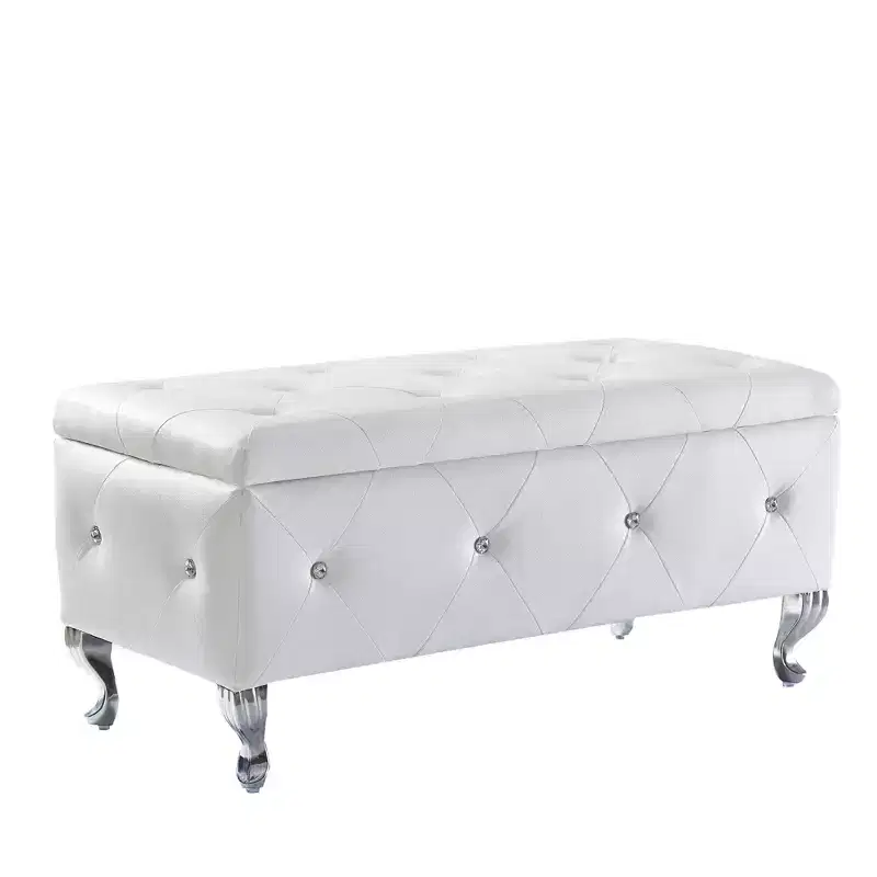 TUYOHW White Faux Leather Storage Ottoman Bench,Ottoman with Crystal Buttons,Metal Legs,Upholstered Rectangular Footrest Bench for Bedroom,Living Room