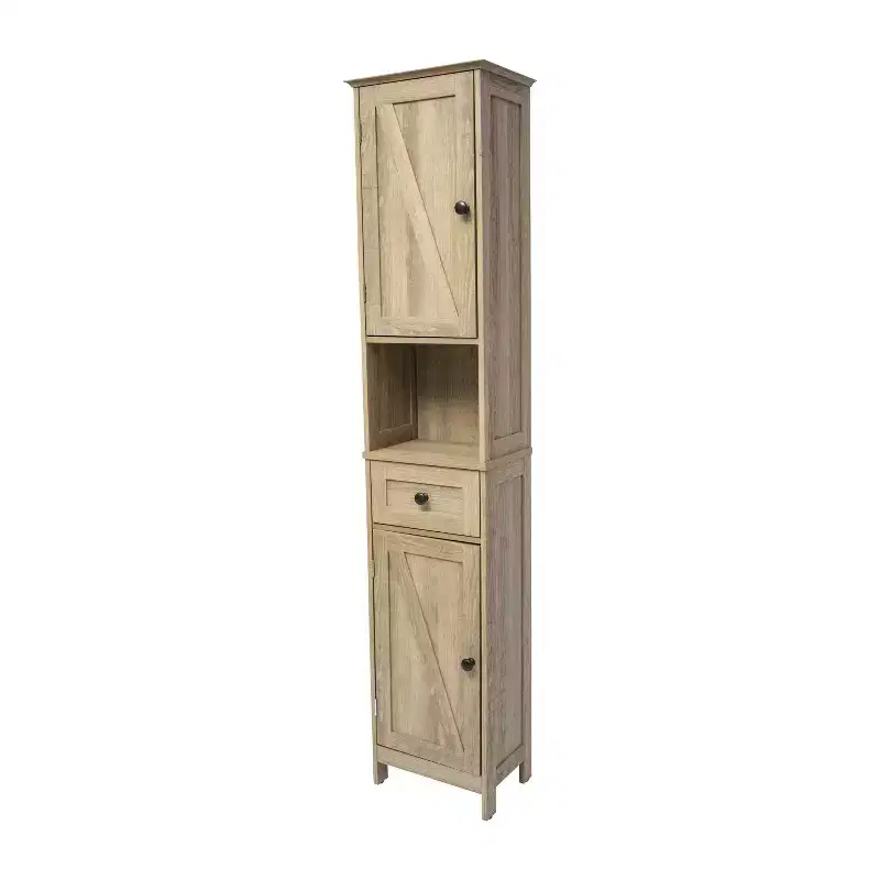 Slim Linen Tower Organizer with Storage Drawer, Upper and Lower Cabinets with Magnetic Closure Doors and Open Shelf