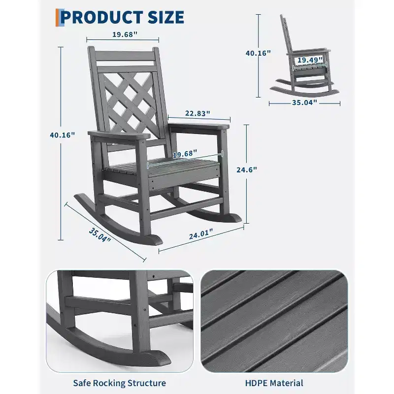 4 Pack Rocking Chair with 2 Side Table, HDPE Weather Resistant Patio Rocking Chair Porch Rocker with Wood Texture