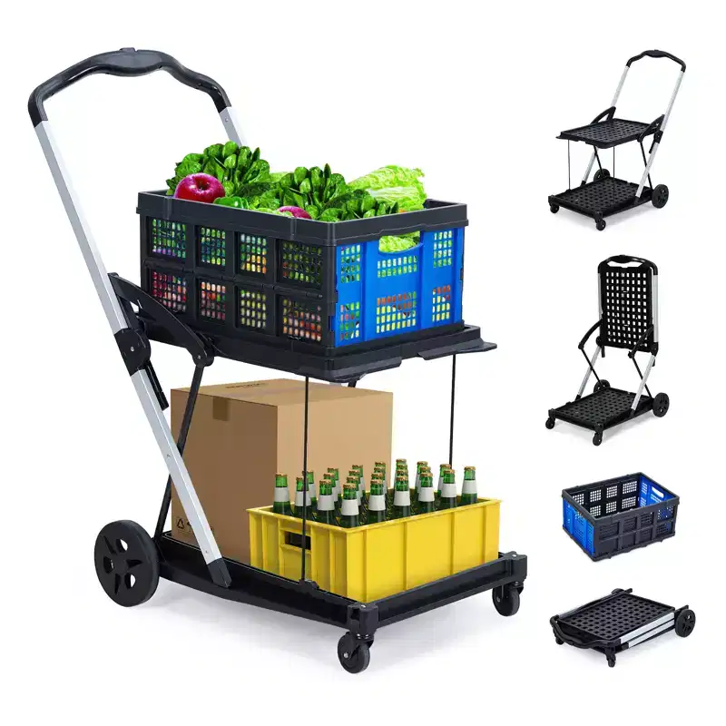 Space-Saving 2-Tier Outdoor Garden Cart, Removable Storage Crate, Lightweight Aluminum Utility Trolley with Wheels for Shopping,Picnic,Home,Gardening