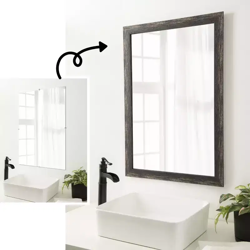 Amanti Art Mirror Makeover Bathroom Mirror Frame Border Kit - Fully Assembled Peel and Stick Frame - Mirror NOT Included - Bark Rustic Char Trim