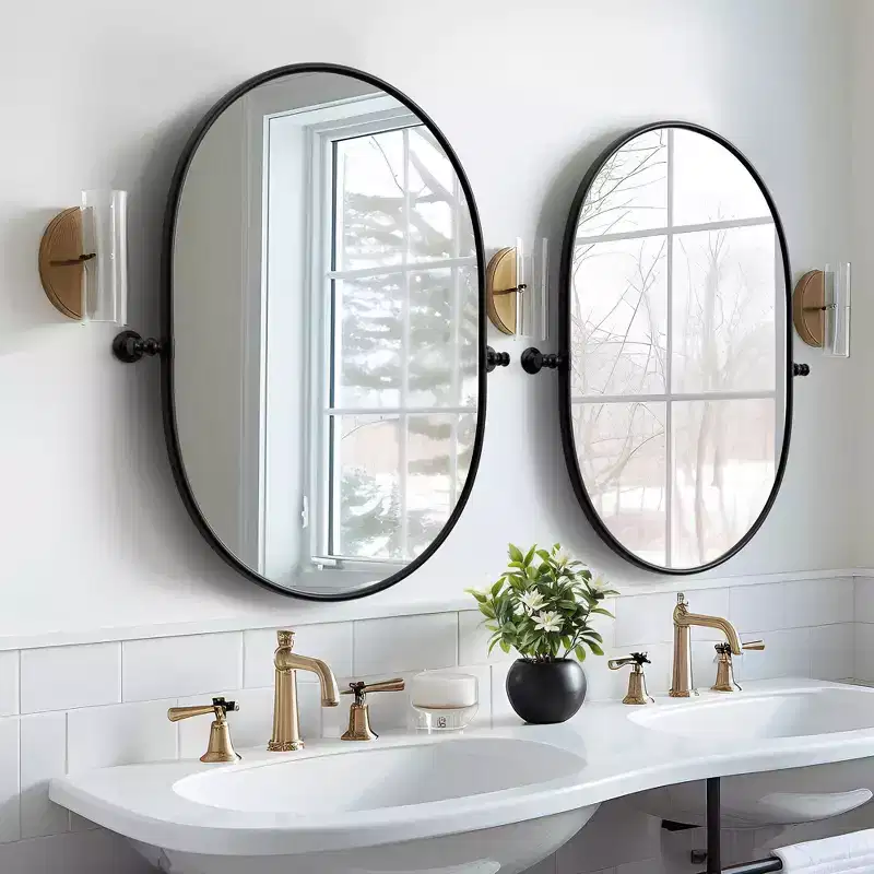 PexFix Oval Metal Framed Pivoted Bathroom Wall Vanity Mirror in Black Set of 2