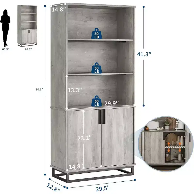 71 Inch Tall Bookshelf with Doors and Metal Base, 5 Tier Bookcase with Cabinet and Adjustable Shelf, Farmhouse Industrial Storage Book Shelf