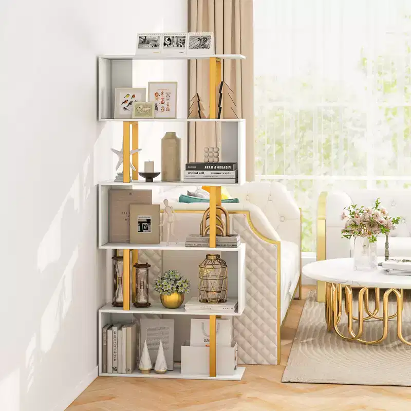5-Tier S-Shaped Geometric Bookcase with Gold Metal Frame