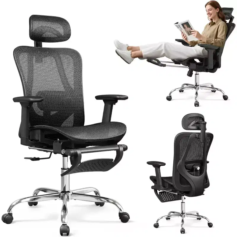 High Back Ergonomic Mesh Office Chair with Retractable Footrest and Adjustable Lumbar - Black