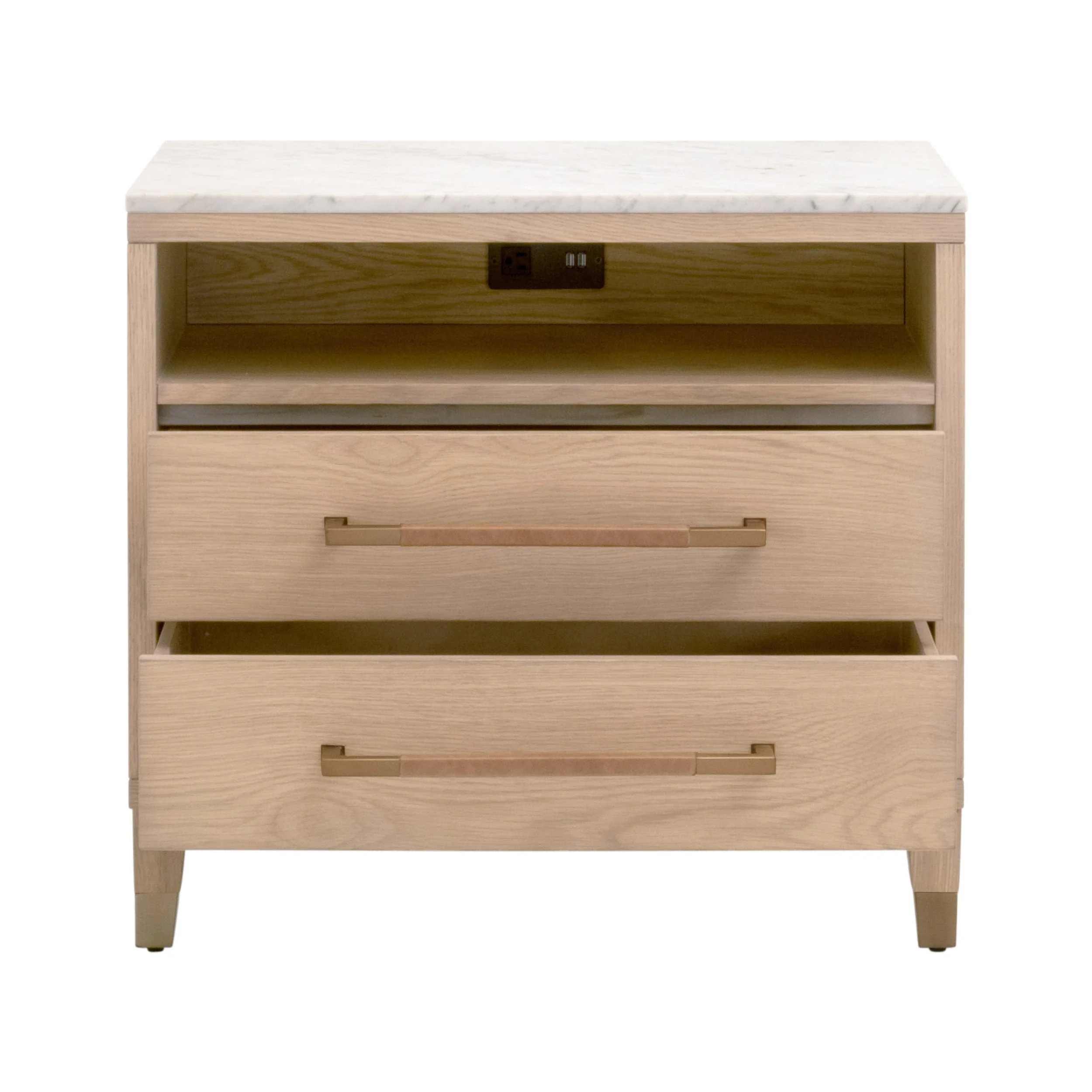 Transitional Solid Oak & Leather-Handle Nightstand with USB Ports, Power Outlet & Dual Drawers for Bedroom