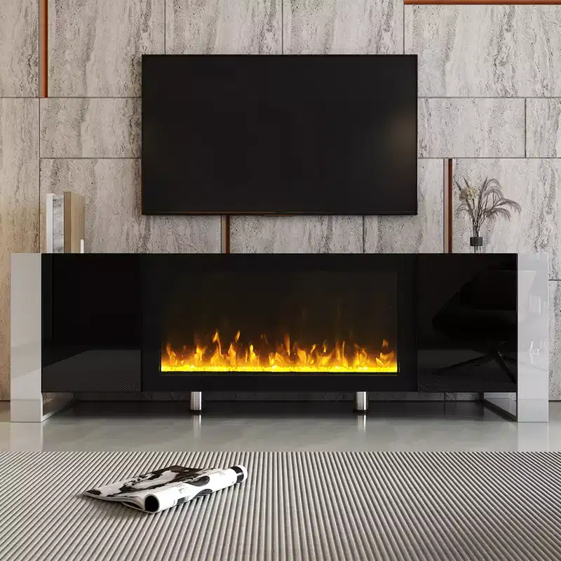 Modern Tv Stand, 2 Large Cabinets, Shelves Fireplace Tv Stand with 34.2 Electric Fireplace, Minimalist Entertainment Center TV Console