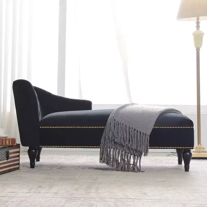 58 Velvet Chaise Lounge, Button Tufted Right Arm Facing Sleeper Lounge Chair with Nailhead Trim & Solid Wood Legs Black-ModernLuxe