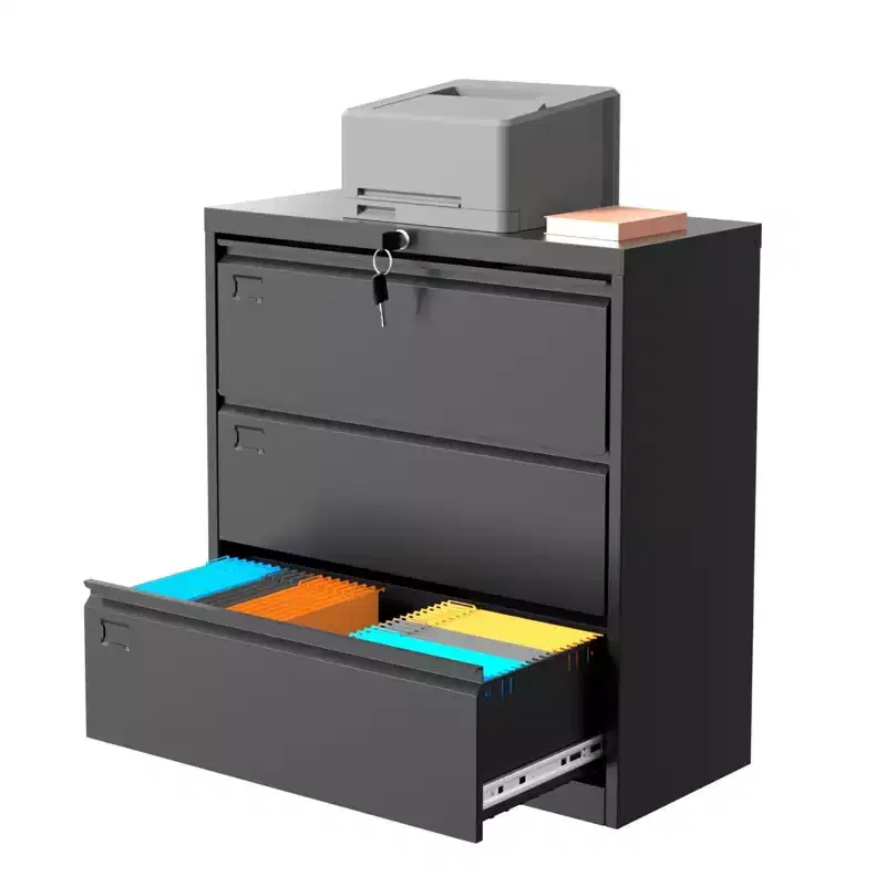 TROPOW 3-Drawer Lateral File Cabinet - Black Metal Storage with Lock for Letter/Legal/A4 Documents (Home/Office Use)