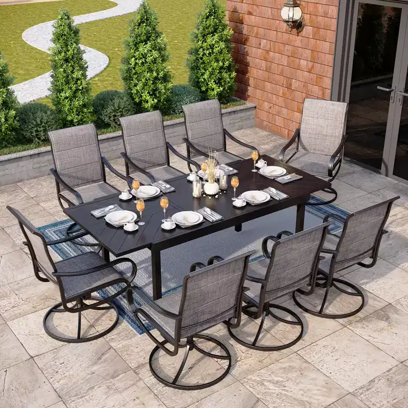 Captiva Designs 9pc Patio Dining Extendable Black Steel Rectangle Table & Textilene Swivel Chairs
