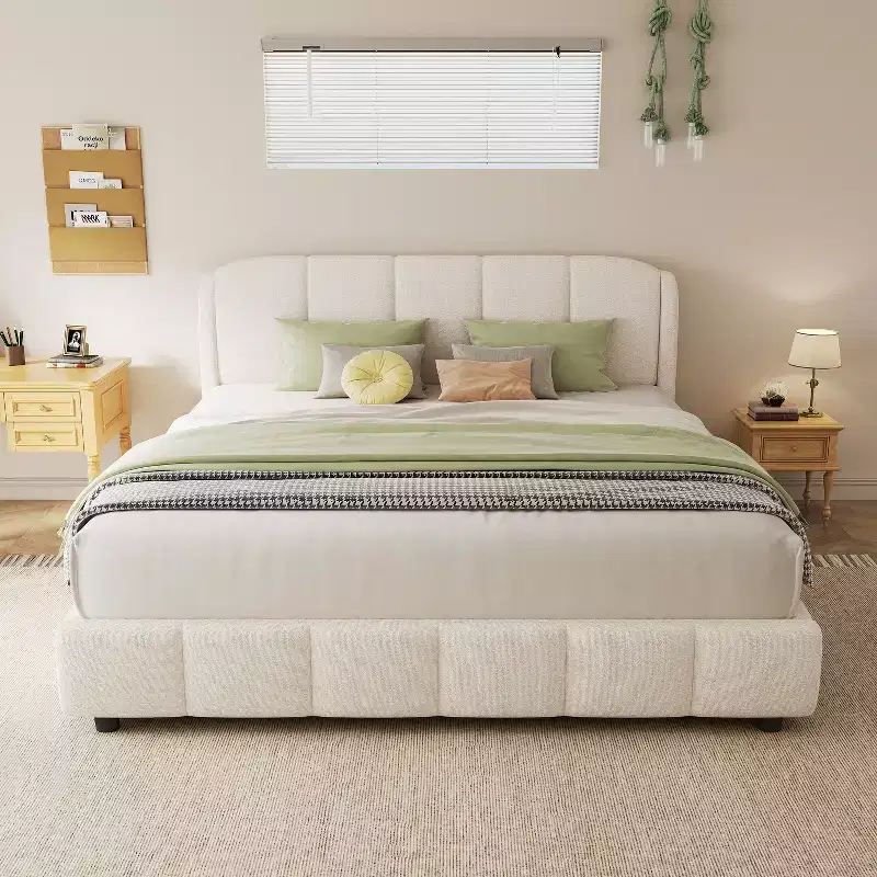 Queen/King Size Upholstered Platform Bed Frame with Soft Headboard, Curve-Shaped, Beige - ModernLuxe