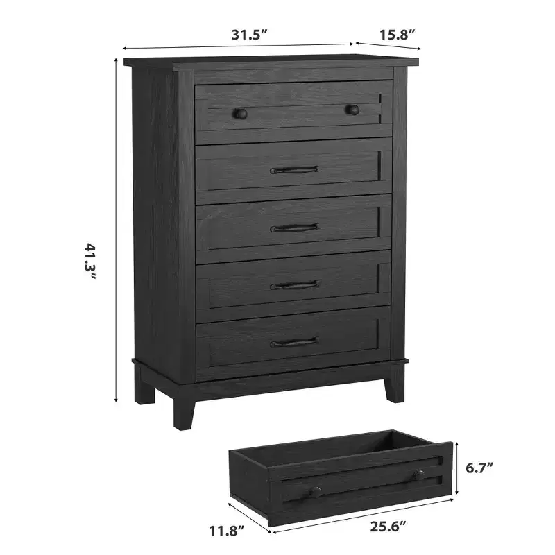 5 Drawer Dresser for Bedroom, 41.3 Tall Freestanding Wood Chest with Large Storage|Vertical Closet Organizer for Bedroom & Living Room