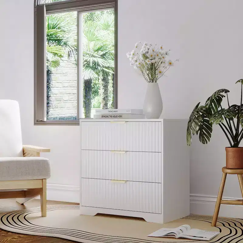 Modern White Wood Nightstand 3 Drawers Fluted Bedside Table Large 27 Inch Wide Storage Accent Cabinet Dresser For Bedroom Living Room Home Furniture
