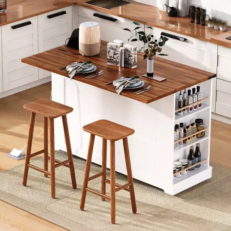 Okak Kitchen Cart with Two Tempered Glass Doors and 5 Open Side Racks, Kitchen Island with Power Outlet and Drop Leaf for Dining Room