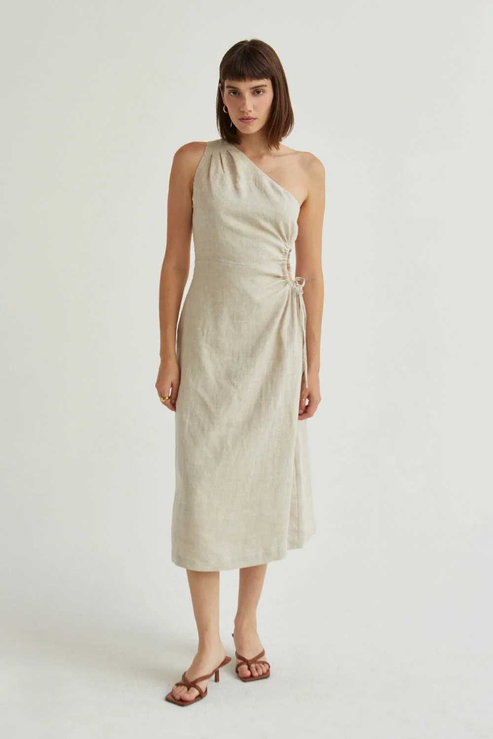 One Shoulder Midi Dress with Side Cutout in Linen