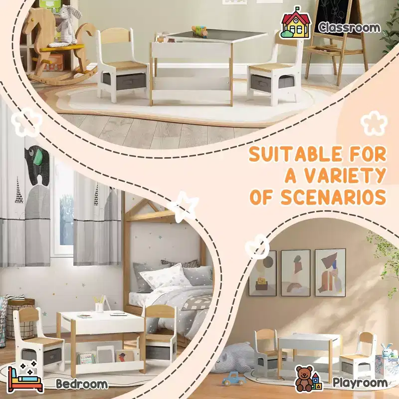Etokfoks kids table and chair set 3 piece reversible tabletop blackboard storage drawers bookshelf for playroom nursery ages 3-8 gray