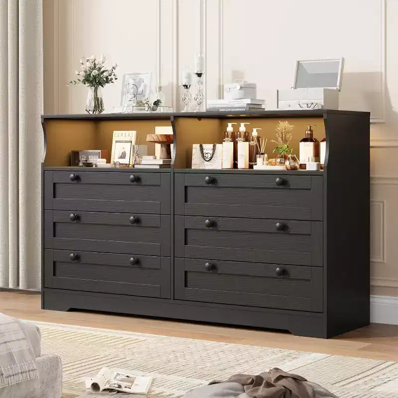 6 Drawer Dresser for Bedroom, with RGB LED Lights & Power Outlet, 55 Wide Chests of Drawers Dresser TV Stand for 55 Inch TV,for Living Room,Entryway