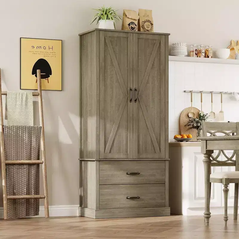 GustoWave Kitchen Pantry Storage Cabinet with Barn Doors, Drawer, and 2 Adjustable Shelves, Freestanding Tall Hutch with Microwave Stand