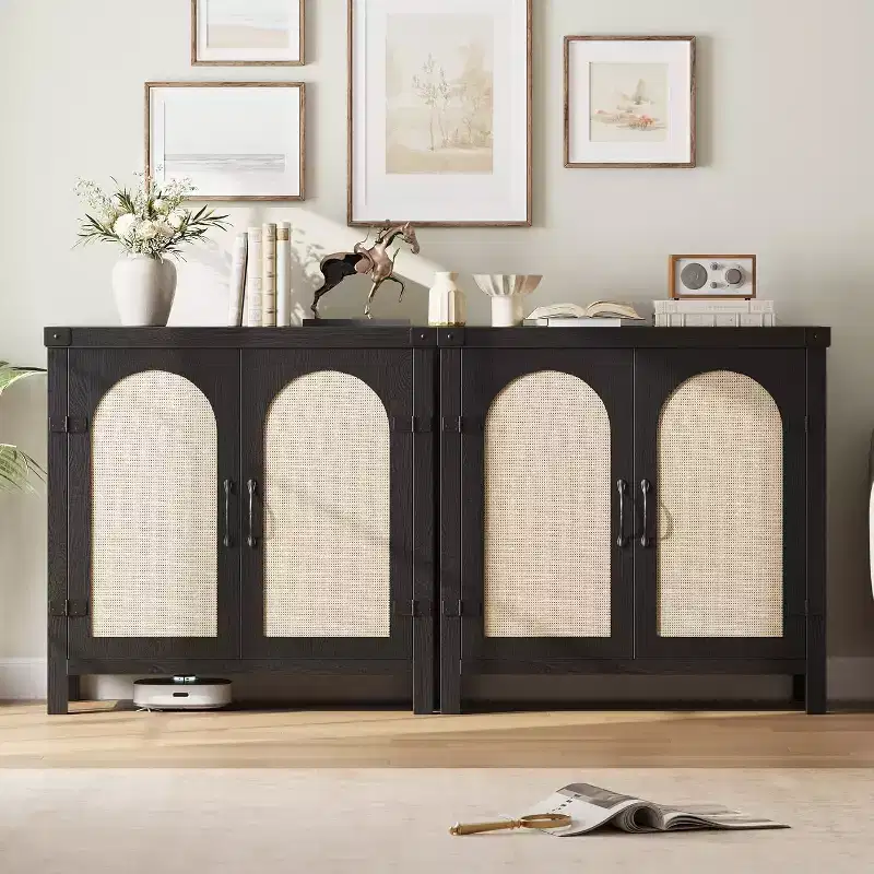 31.5 Small Rattan Buffet Cabinet with Drawer, Adjustable Shelves, Boho Farmhouse Sideboard