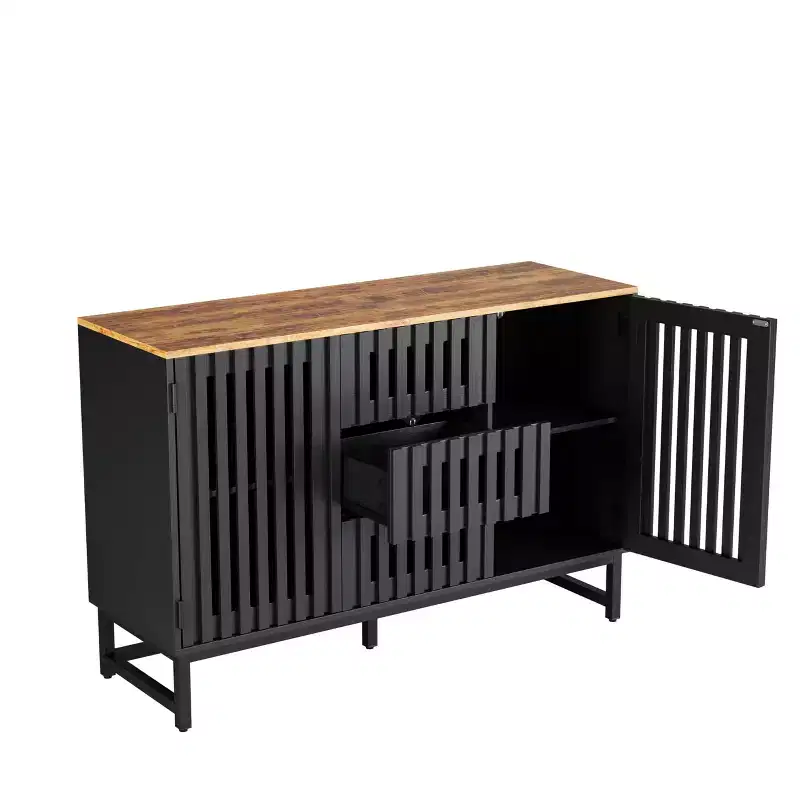 Buffet Cabinet With Storage, Dresser With Grille-Striped Doors And Storage Drawers
